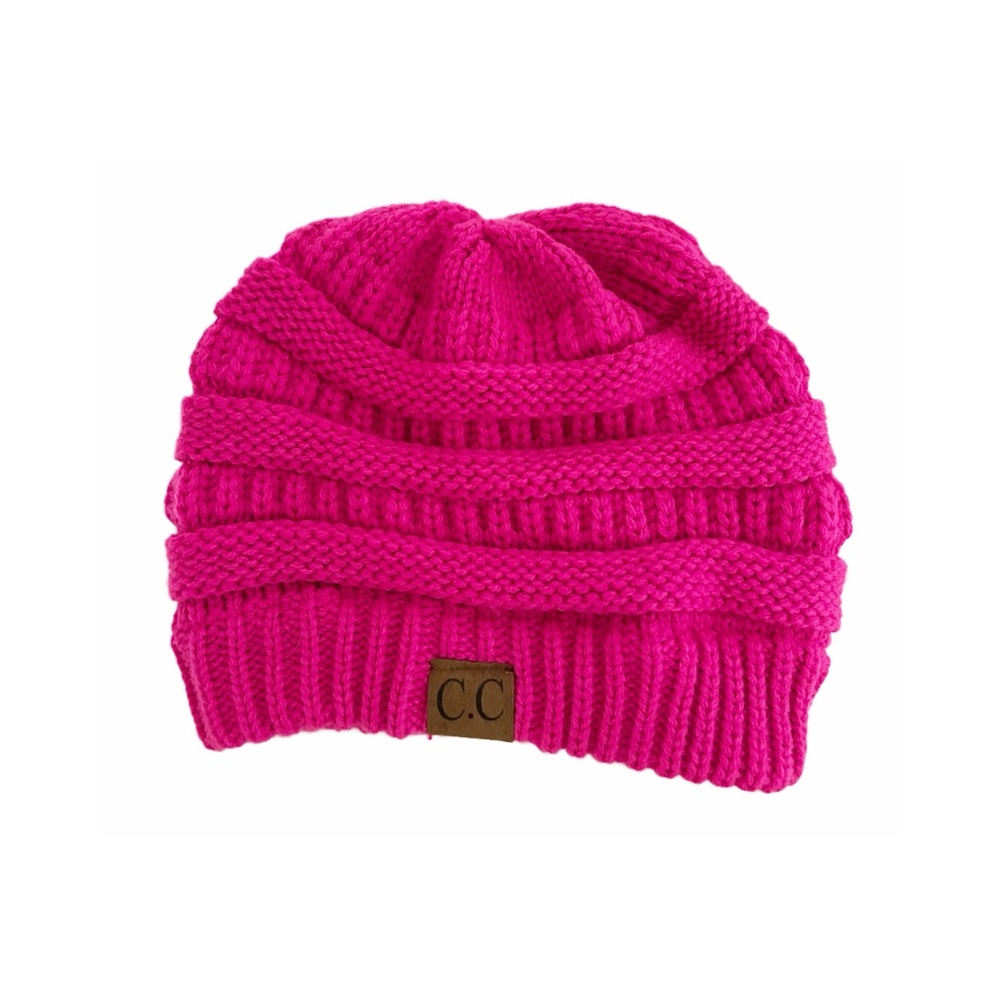 Bright pink C.C beanie. One size fits all.
